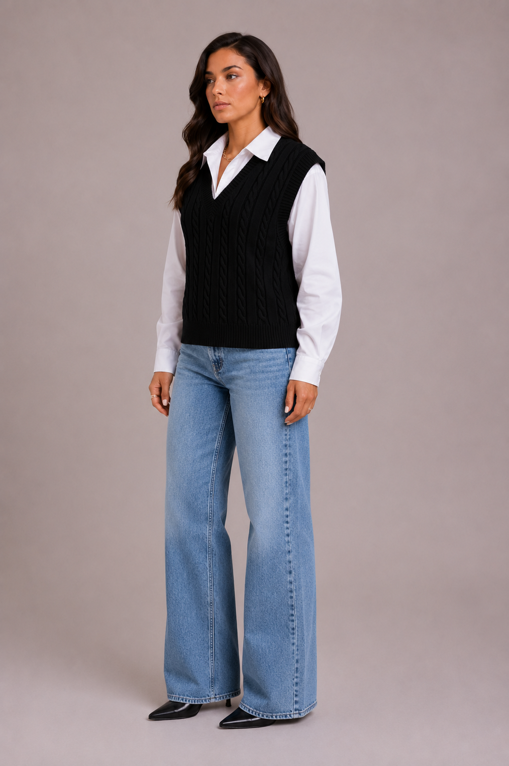 Sofia Ravellino | Women's Black V Neck Cable Knit Sweater Vest Top
