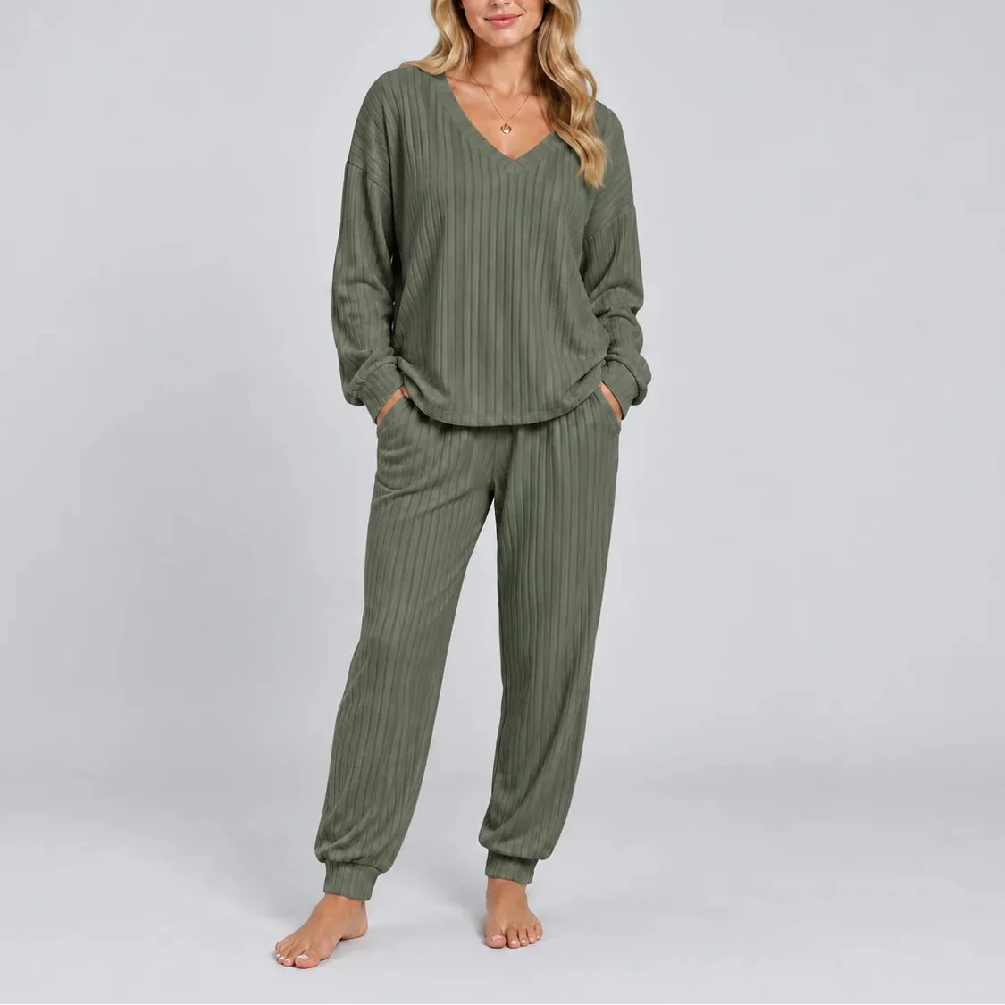 Rose Céret | Women's V Neck Long Sleeve Ribbed Lounge Two Piece Set