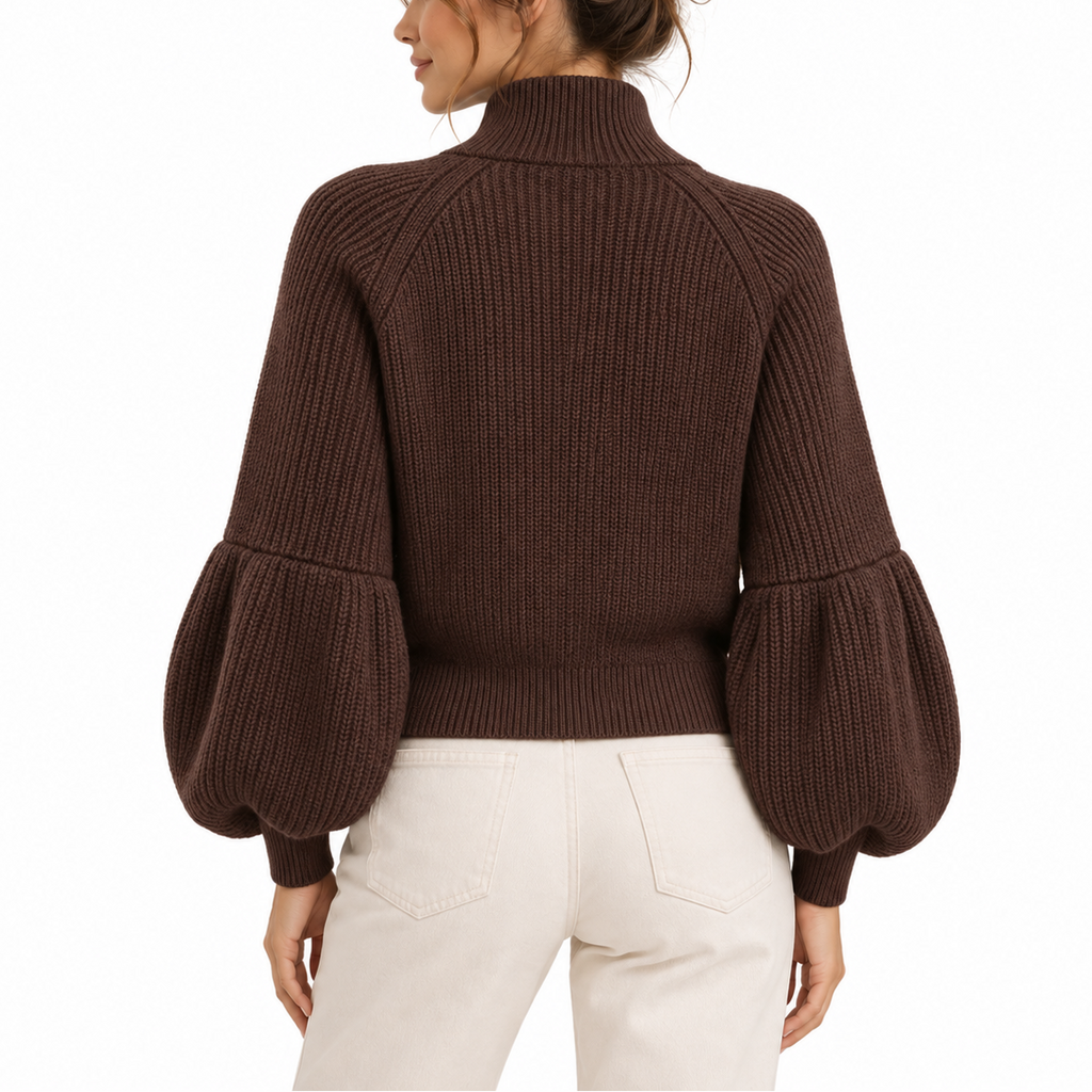 Naëlle Angers | Women’s Cropped Knit Cardigan with Puff Sleeves and High Collar