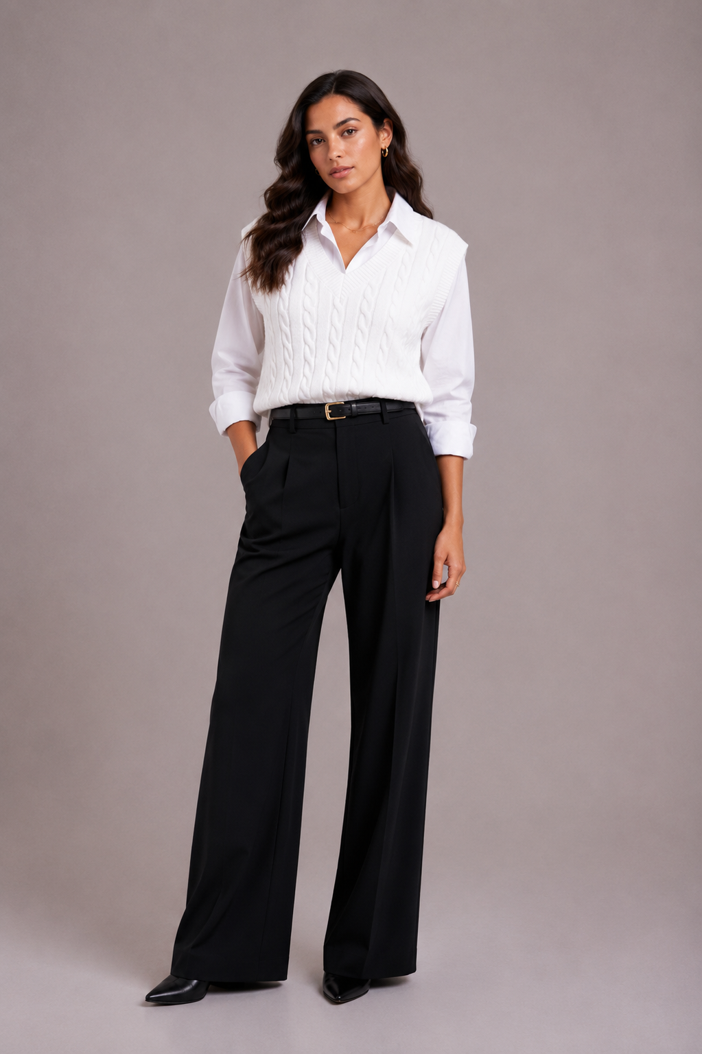Sofia Ravellino | Women's Black V Neck Cable Knit Sweater Vest Top