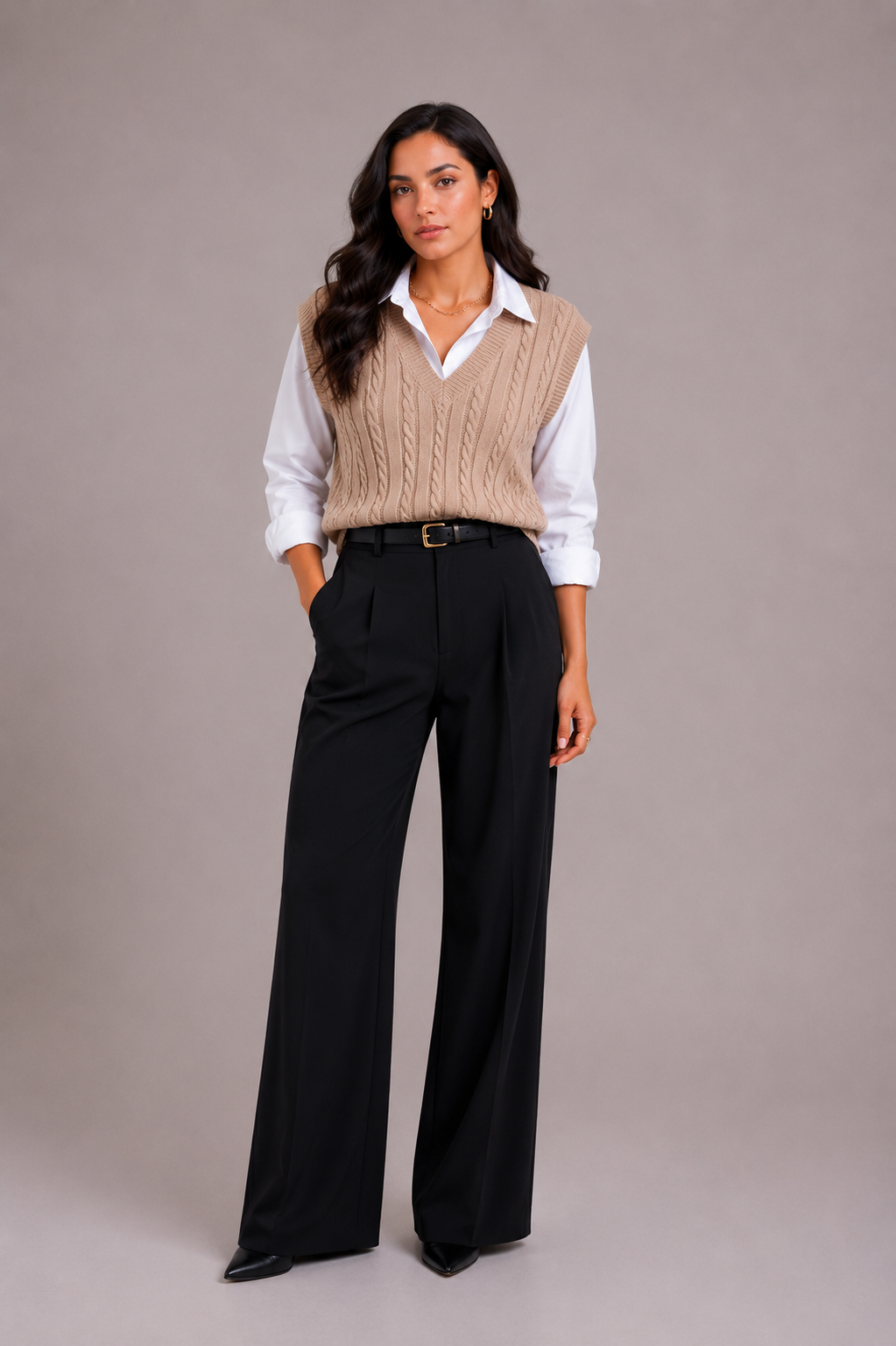 Sofia Ravellino | Women's Black V Neck Cable Knit Sweater Vest Top