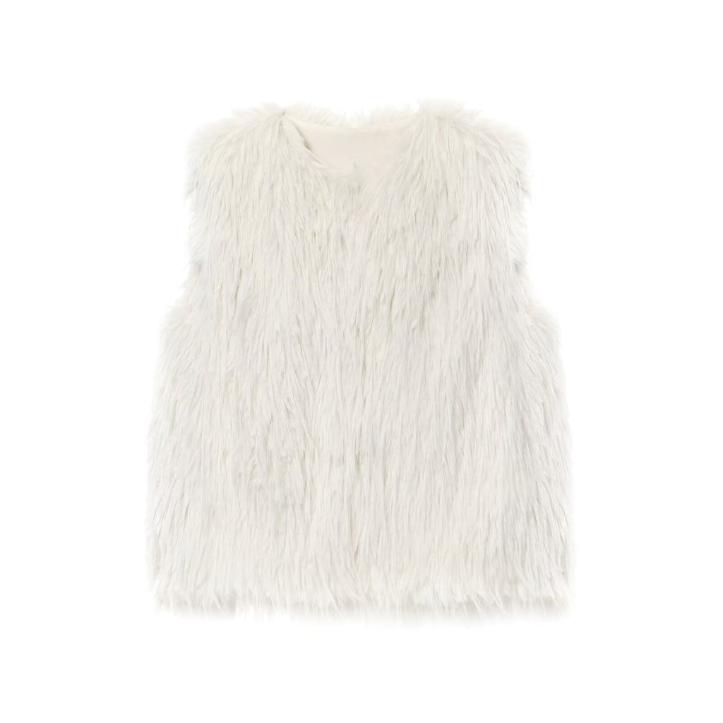 Nolwenn Montélier | White Shaggy Faux Fur V-Neck Waistcoat
