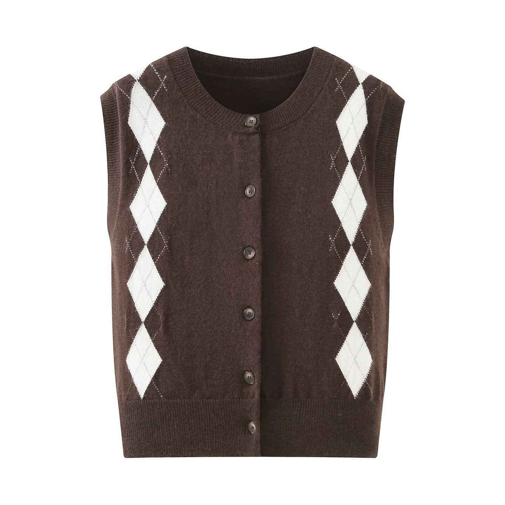 Sabine Beaumerle | Cropped Argyle Button-Front Knit Vest