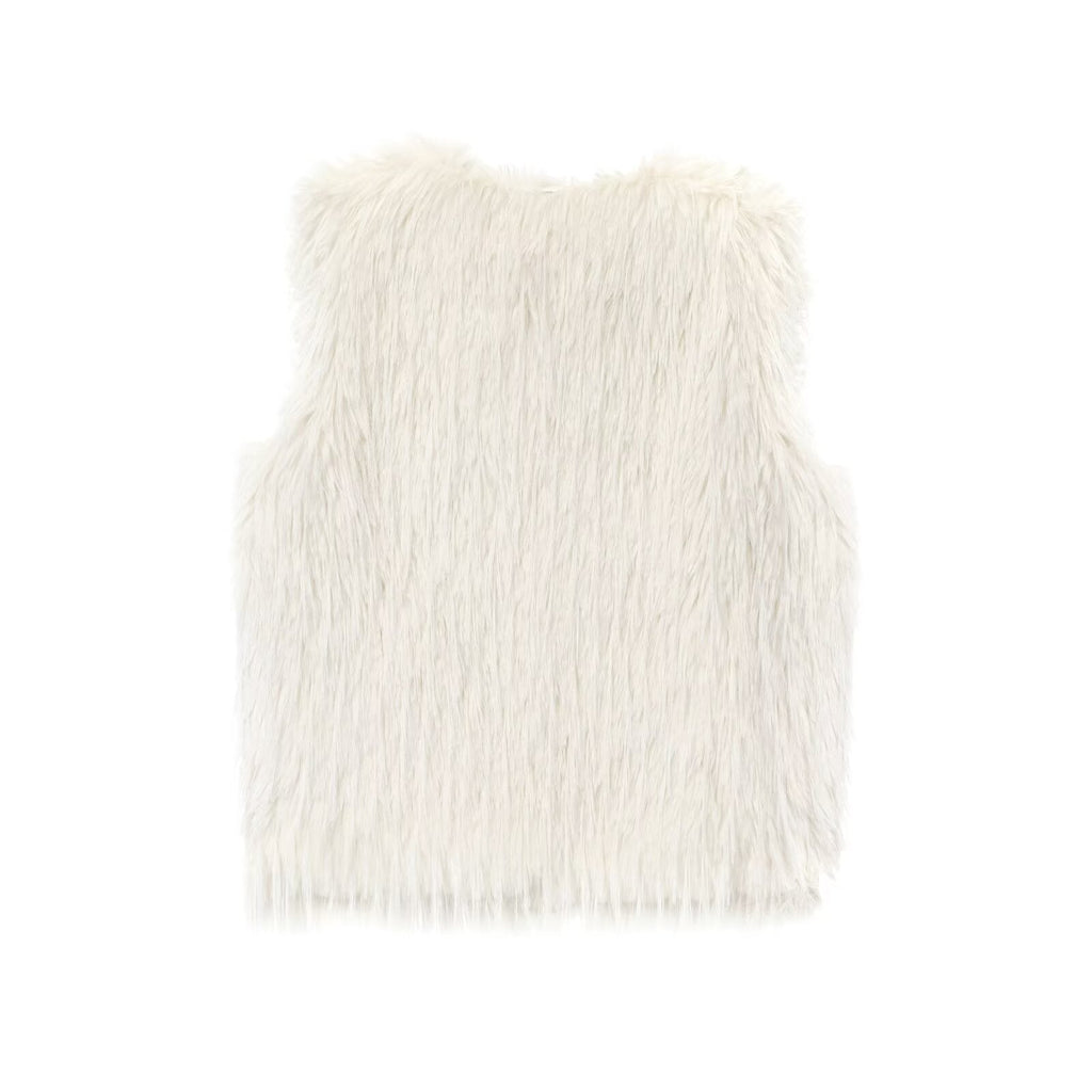 Nolwenn Montélier | White Shaggy Faux Fur V-Neck Waistcoat