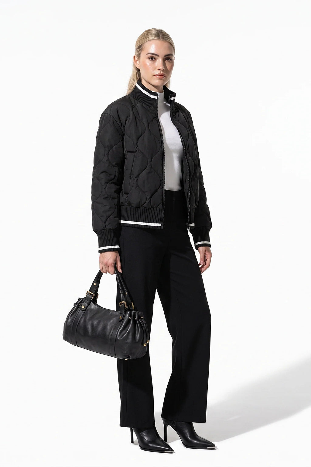 Maeva Giraud | Women’s Winter Warm Quilted Bomber Jacket with Ribbed Stand Collar
