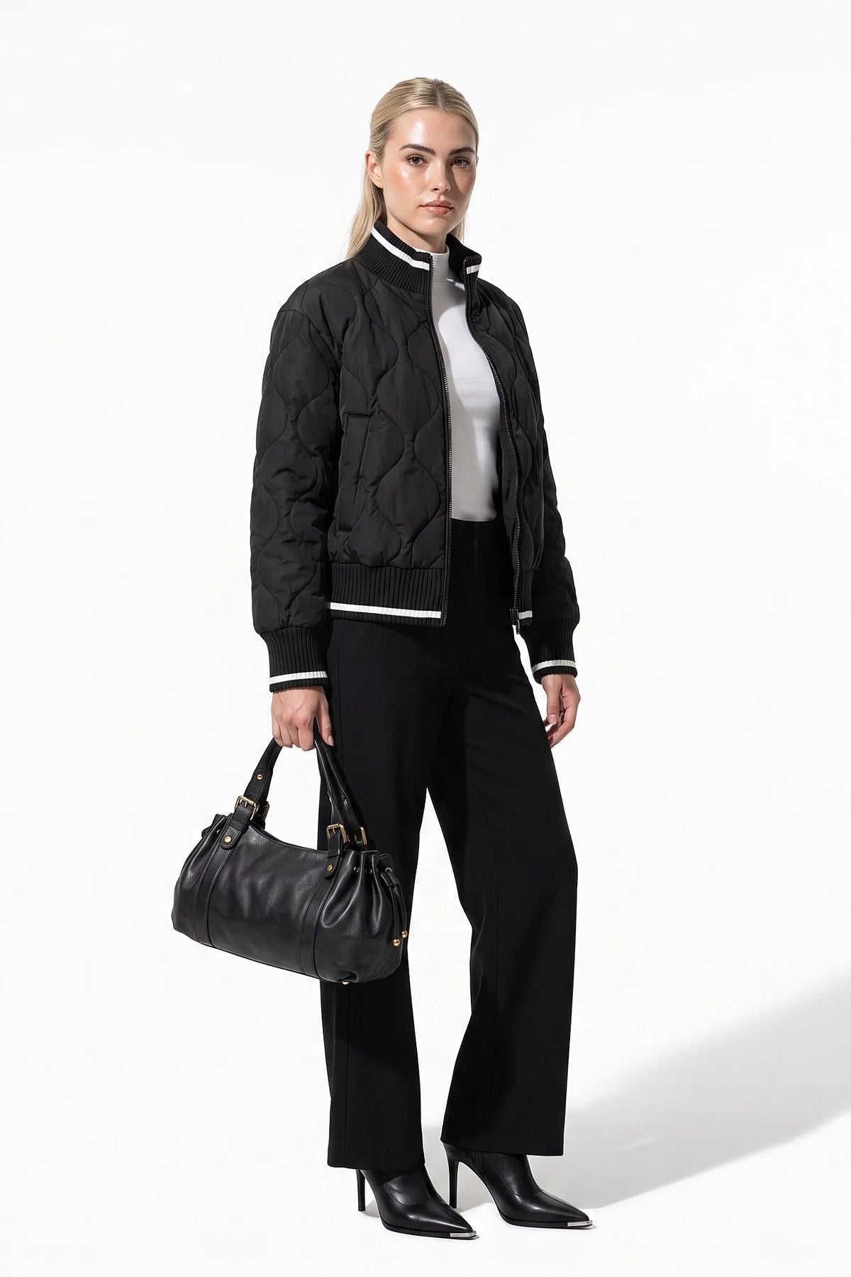 Maeva Giraud | Women’s Winter Warm Quilted Bomber Jacket with Ribbed Stand Collar