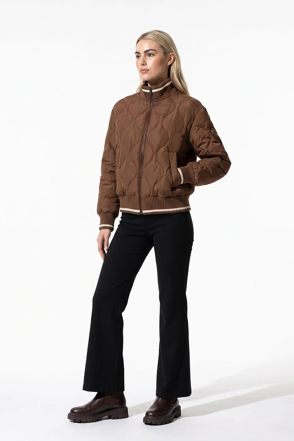 Maeva Giraud | Women’s Winter Warm Quilted Bomber Jacket with Ribbed Stand Collar
