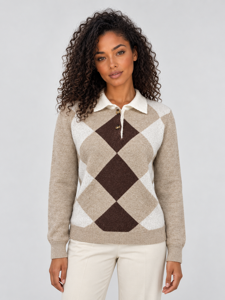 Juliana Lemieux | Women’s Argyle Collared Jumper – Button Neck Long Sleeve Knit Sweater