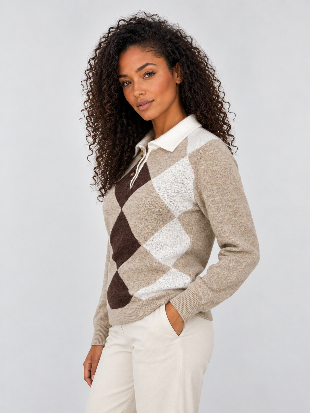 Juliana Lemieux | Women’s Argyle Collared Jumper – Button Neck Long Sleeve Knit Sweater