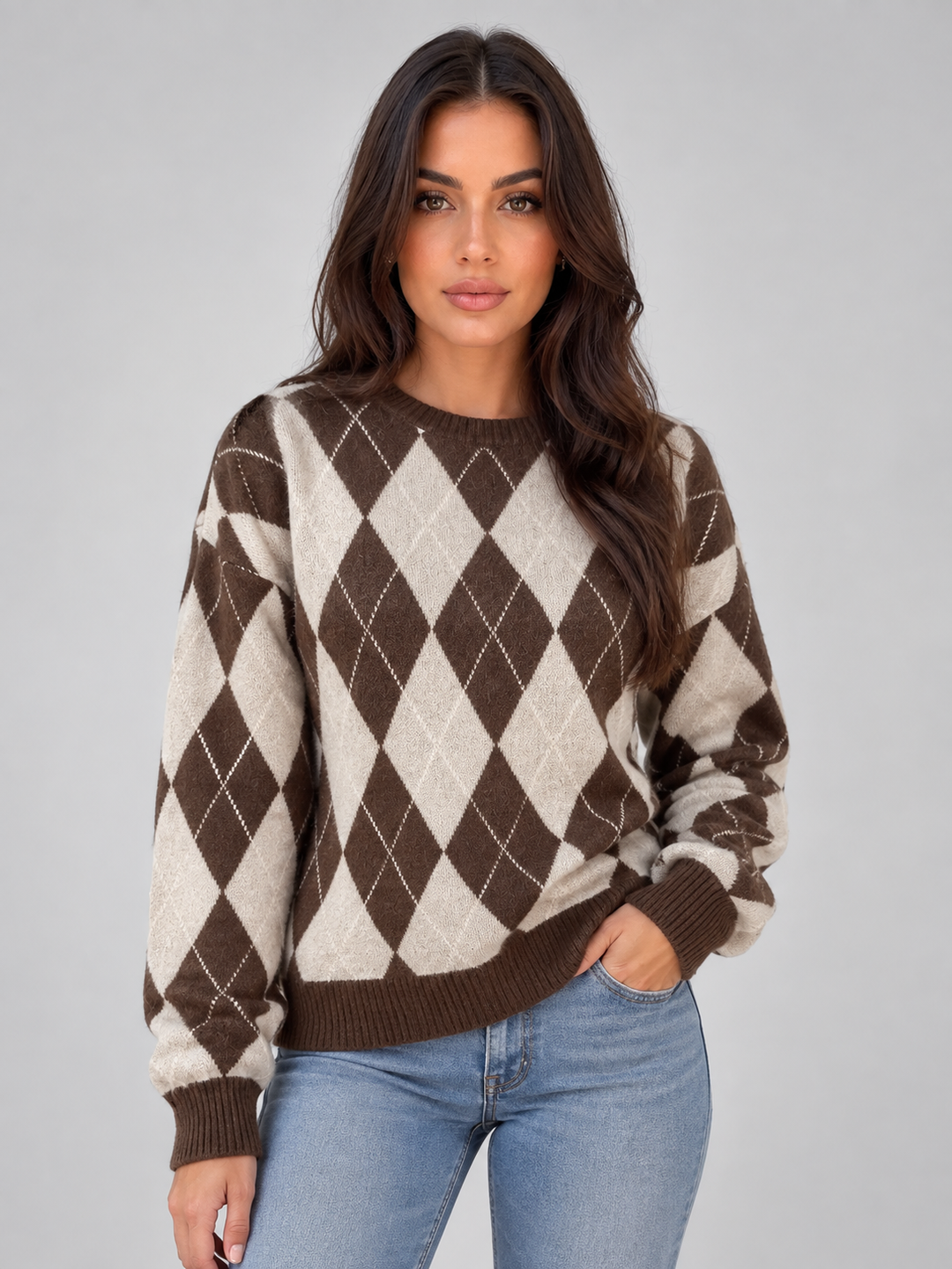 Stella Vienne | Women’s Argyle Knit Jumper – Crew Neck Long Sleeve Diamond Pattern Sweater