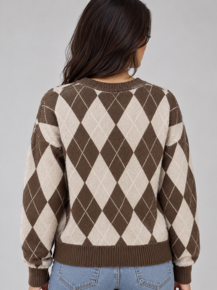 Stella Vienne | Women’s Argyle Knit Jumper – Crew Neck Long Sleeve Diamond Pattern Sweater