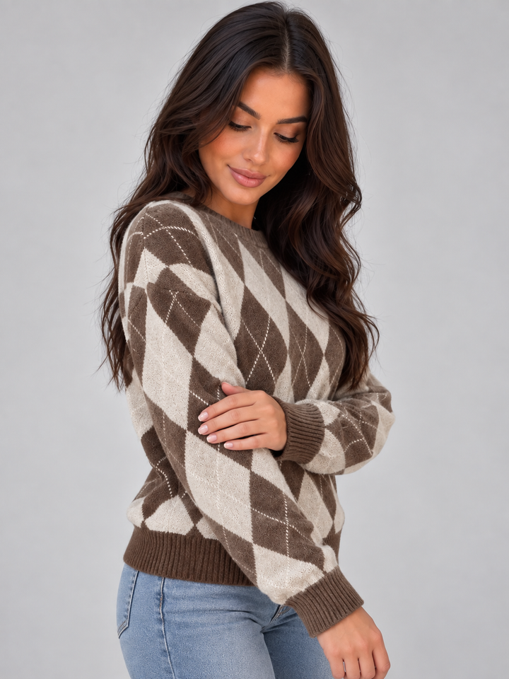Stella Vienne | Women’s Argyle Knit Jumper – Crew Neck Long Sleeve Diamond Pattern Sweater