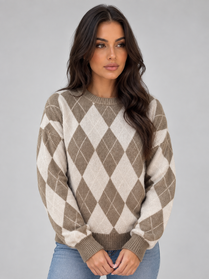 Stella Vienne | Women’s Argyle Knit Jumper – Crew Neck Long Sleeve Diamond Pattern Sweater