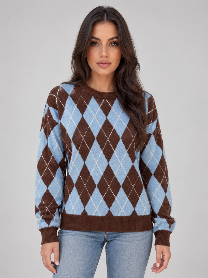 Stella Vienne | Women’s Argyle Knit Jumper – Crew Neck Long Sleeve Diamond Pattern Sweater