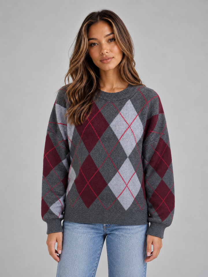 Kinsley Breton | Women’s Argyle Pattern Knit Jumper – Crew Neck Long Sleeve Sweater