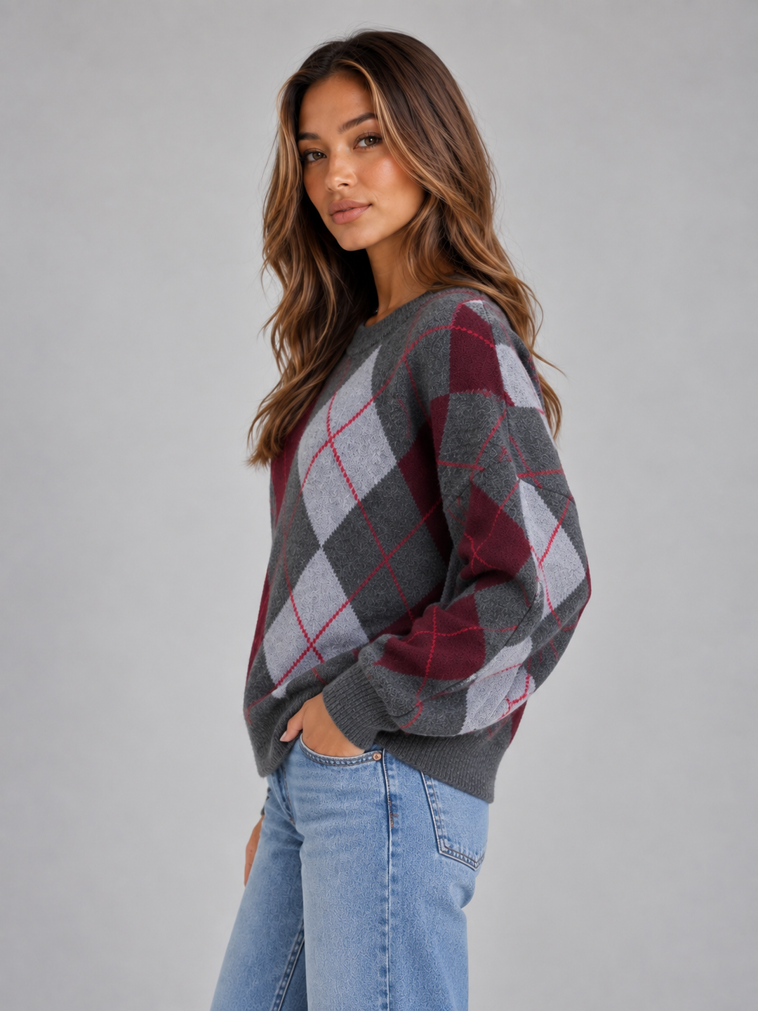Kinsley Breton | Women’s Argyle Pattern Knit Jumper – Crew Neck Long Sleeve Sweater