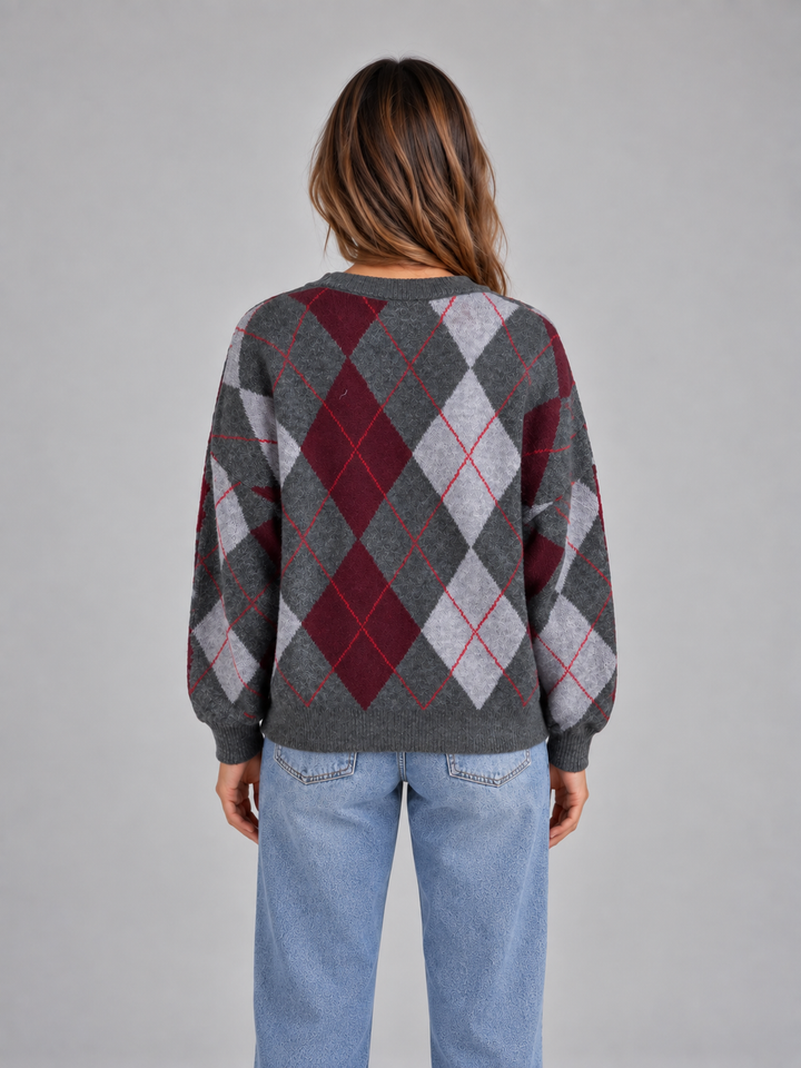 Kinsley Breton | Women’s Argyle Pattern Knit Jumper – Crew Neck Long Sleeve Sweater