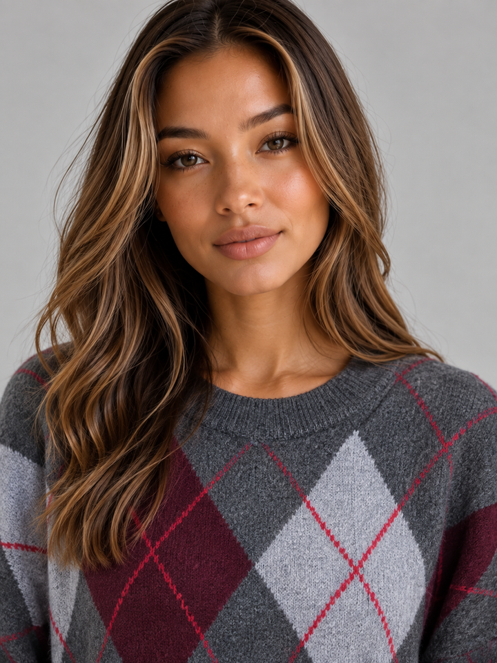 Kinsley Breton | Women’s Argyle Pattern Knit Jumper – Crew Neck Long Sleeve Sweater