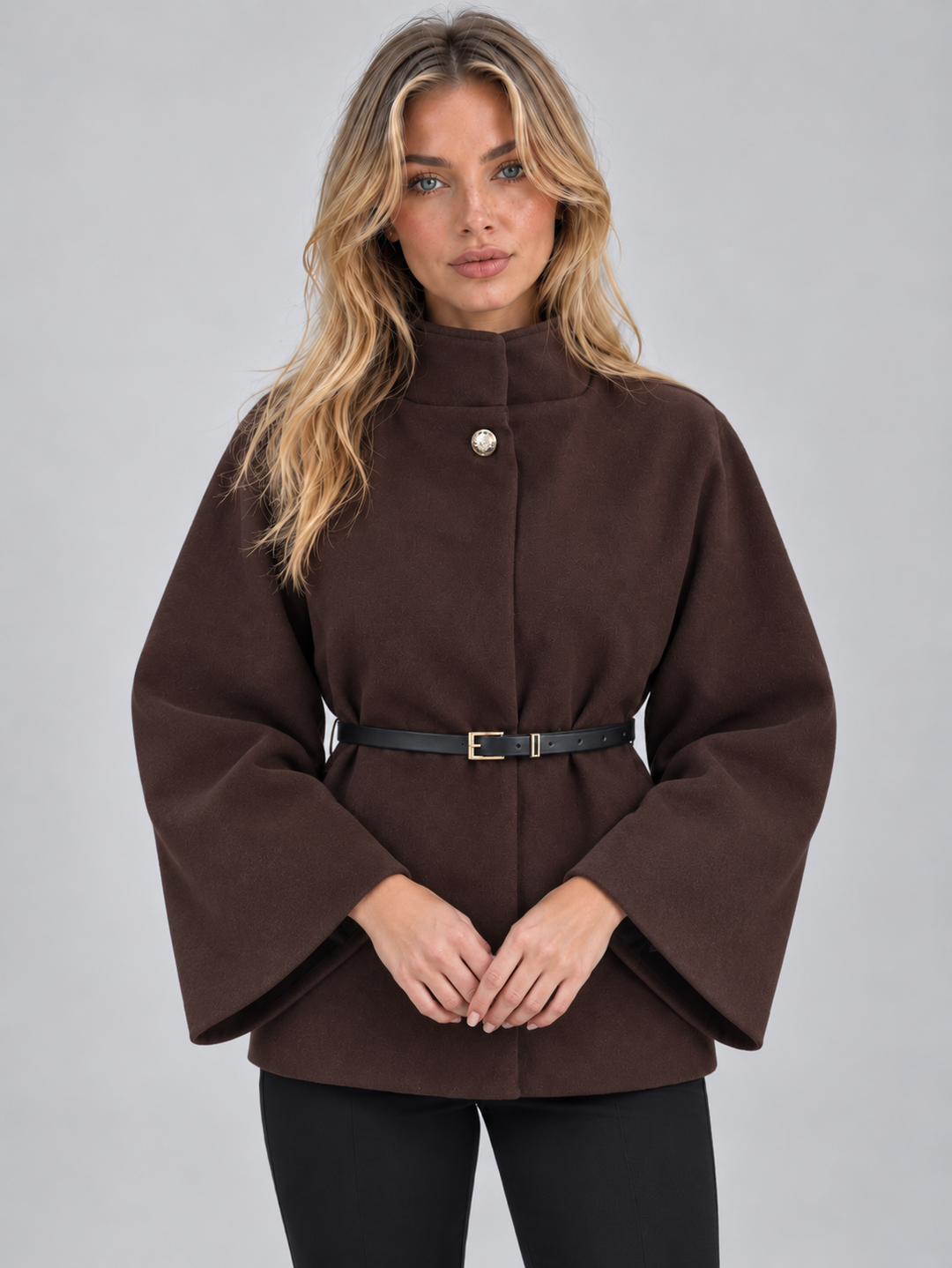 Ivy Bellamy | Women’s Belted Cape Jacket – High Neck Flared Sleeve Coat