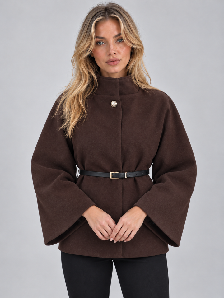 Ivy Bellamy | Women’s Belted Cape Jacket – High Neck Flared Sleeve Coat