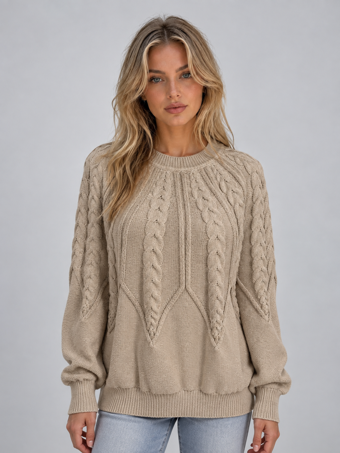 Mackenzie Millet | Women’s Cable Knit Jumper – Crew Neck Long Sleeve Knitted Sweater