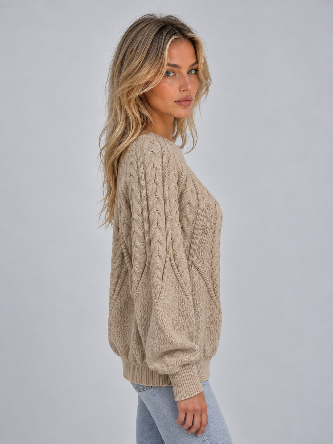 Mackenzie Millet | Women’s Cable Knit Jumper – Crew Neck Long Sleeve Knitted Sweater
