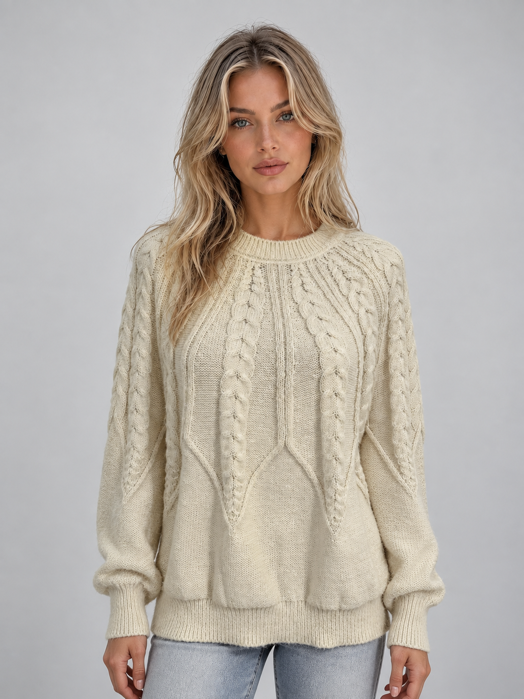 Mackenzie Millet | Women’s Cable Knit Jumper – Crew Neck Long Sleeve Knitted Sweater