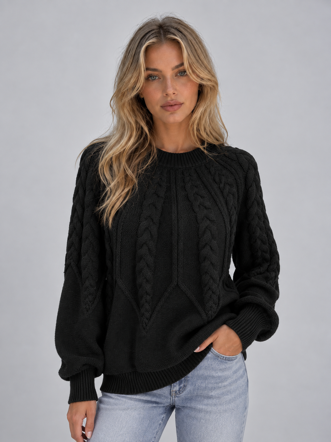 Mackenzie Millet | Women’s Cable Knit Jumper – Crew Neck Long Sleeve Knitted Sweater