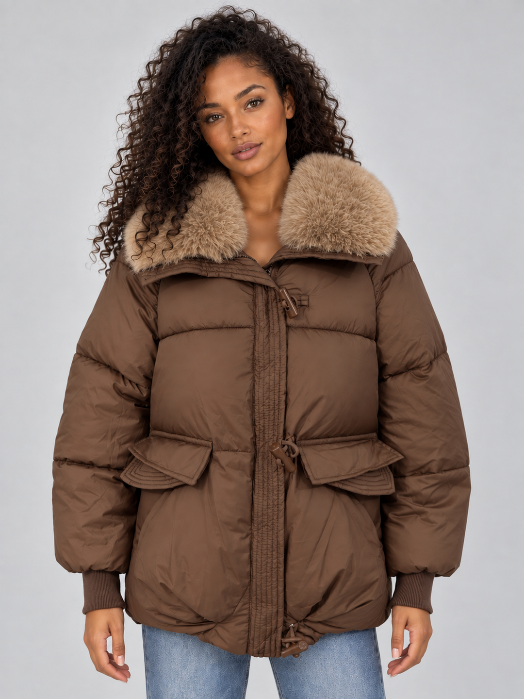 Lila Picard | Women’s Faux Fur Collar Puffer Jacket – Padded Winter Coat