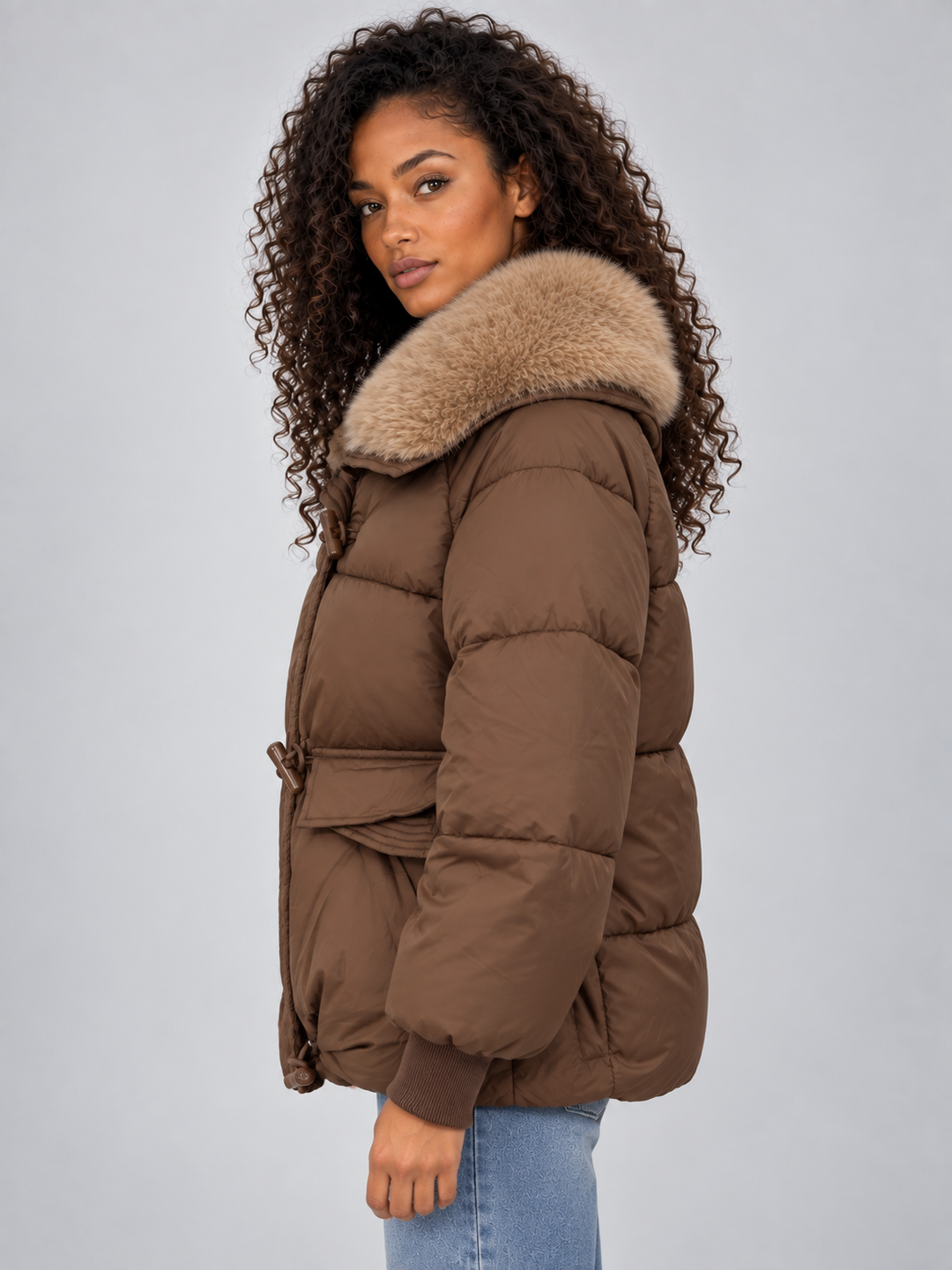 Lila Picard | Women’s Faux Fur Collar Puffer Jacket – Padded Winter Coat