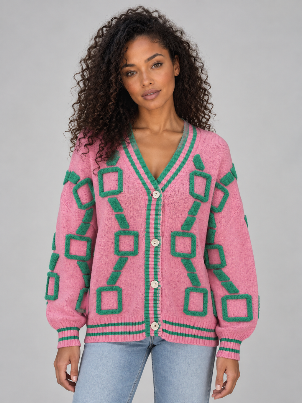 Alixane Vaucourt | Women’s Geometric Pattern V-Neck Cardigan – Button Front Knitted Jumper