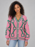 Alixane Vaucourt | Women’s Geometric Pattern V-Neck Cardigan – Button Front Knitted Jumper