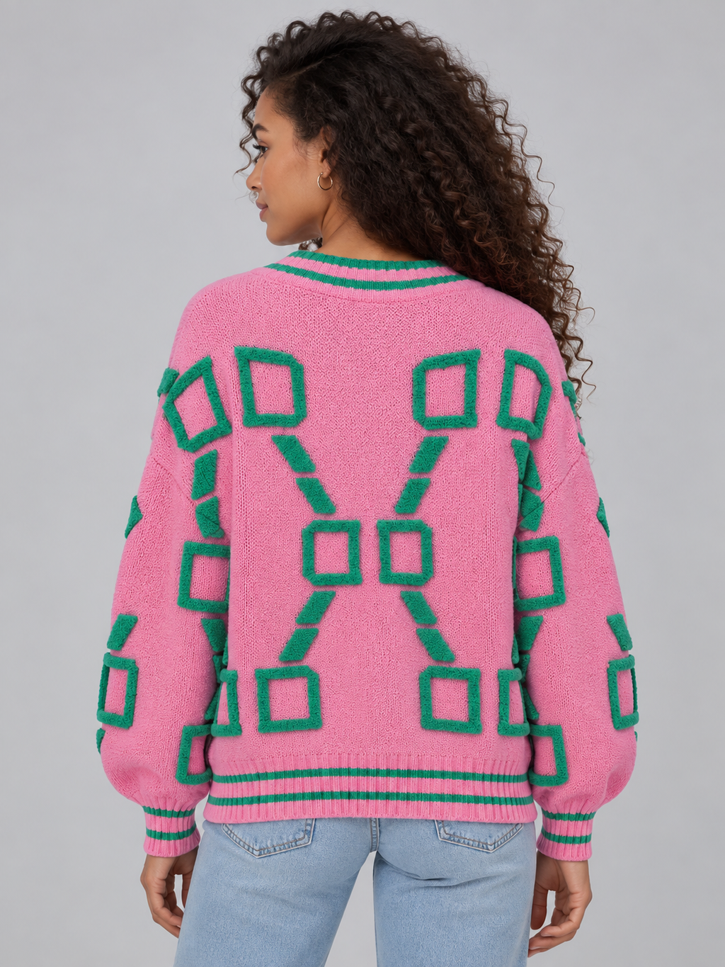 Alixane Vaucourt | Women’s Geometric Pattern V-Neck Cardigan – Button Front Knitted Jumper
