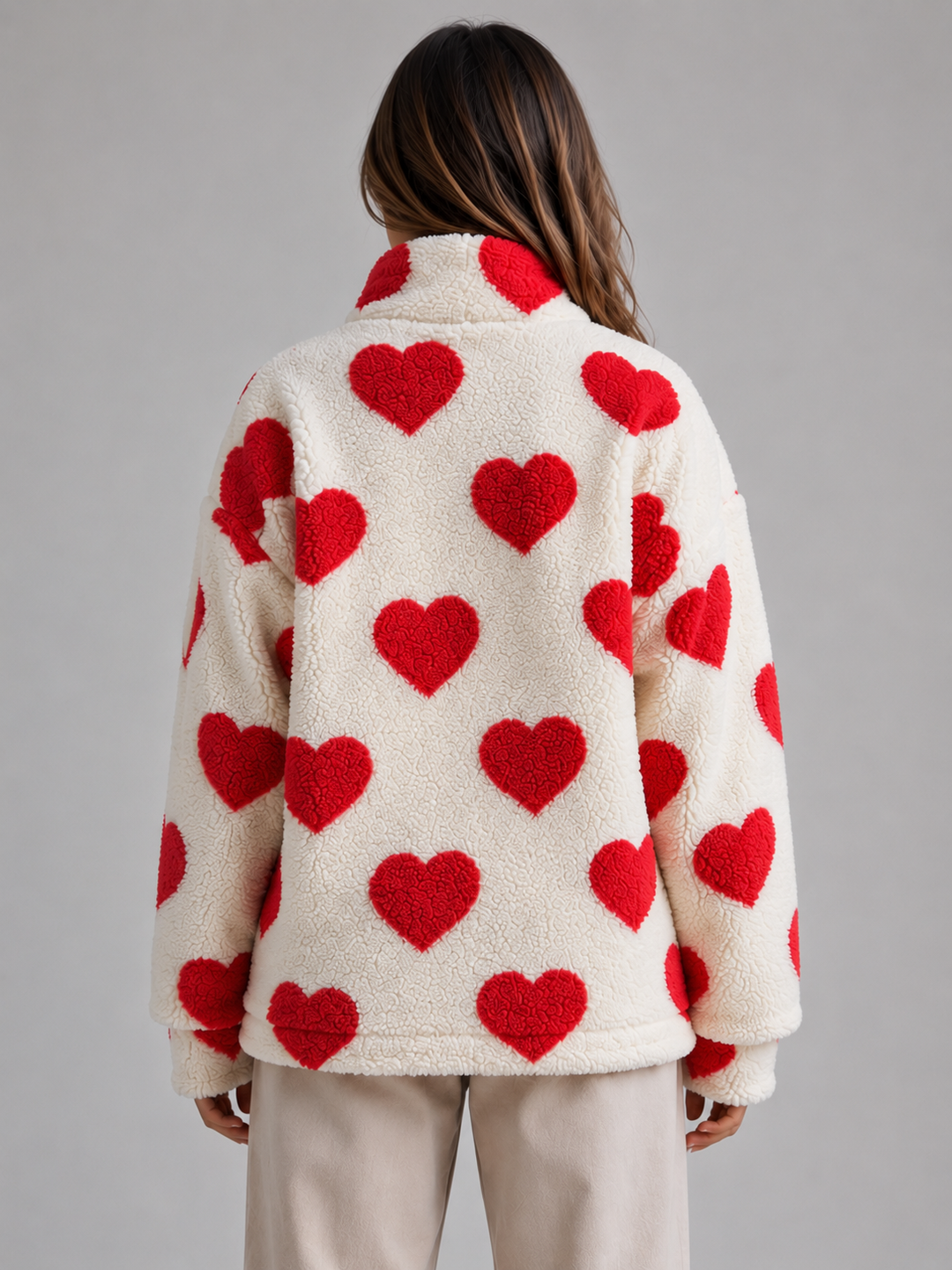 Mara Coppola | Women’s Heart Print Teddy Fleece Jacket – Zip Up Relaxed Fit Sherpa