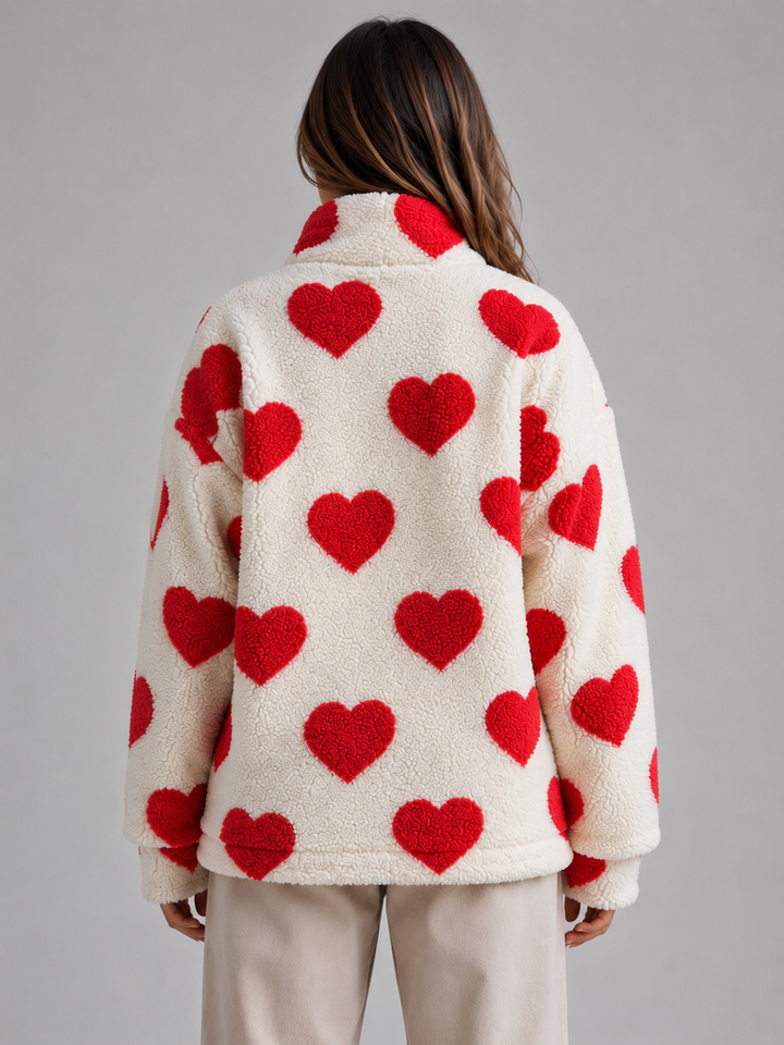 Mara Coppola | Women’s Heart Print Teddy Fleece Jacket – Zip Up Relaxed Fit Sherpa