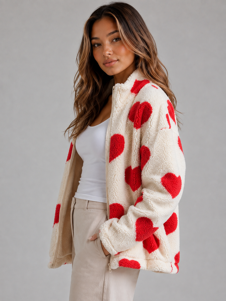 Mara Coppola | Women’s Heart Print Teddy Fleece Jacket – Zip Up Relaxed Fit Sherpa