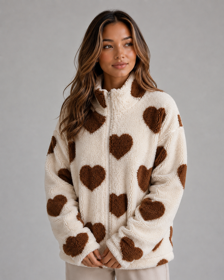 Mara Coppola | Women’s Heart Print Teddy Fleece Jacket – Zip Up Relaxed Fit Sherpa