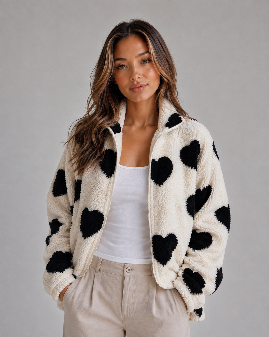 Mara Coppola | Women’s Heart Print Teddy Fleece Jacket – Zip Up Relaxed Fit Sherpa
