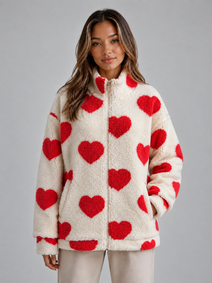 Mara Coppola | Women’s Heart Print Teddy Fleece Jacket – Zip Up Relaxed Fit Sherpa