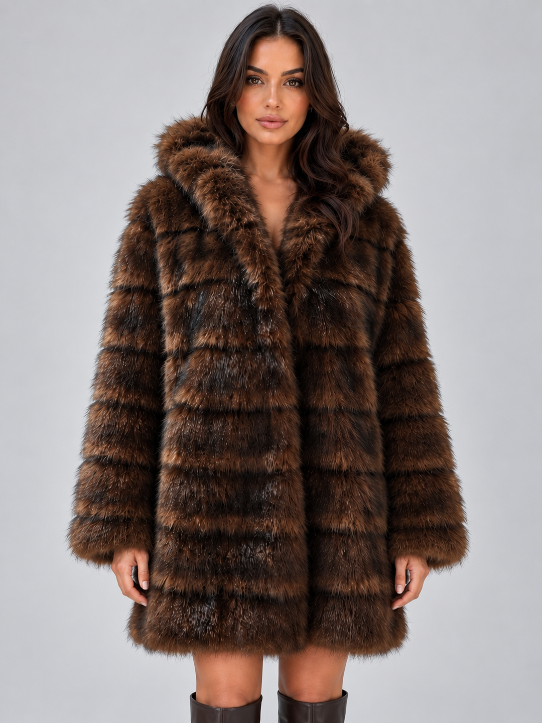 Blair Dupont | Women’s Hooded Faux Fur Coat – Plush Panelled Winter Jacket