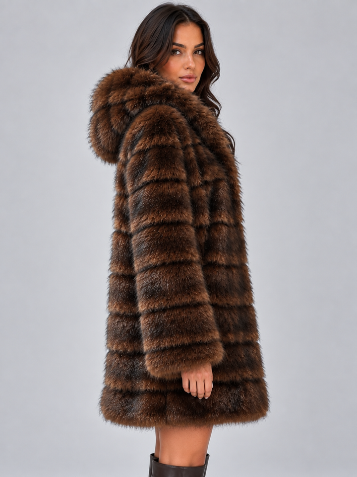 Blair Dupont | Women’s Hooded Faux Fur Coat – Plush Panelled Winter Jacket
