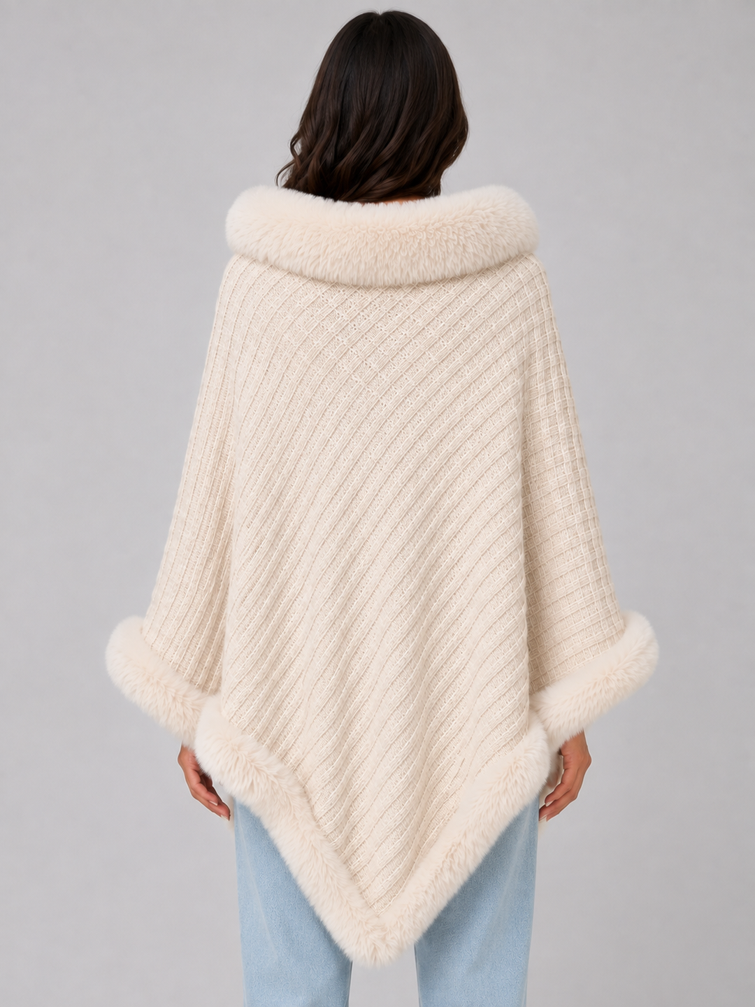Letizia Monti | Women’s Knitted Cape Coat – Faux Fur Trim Poncho