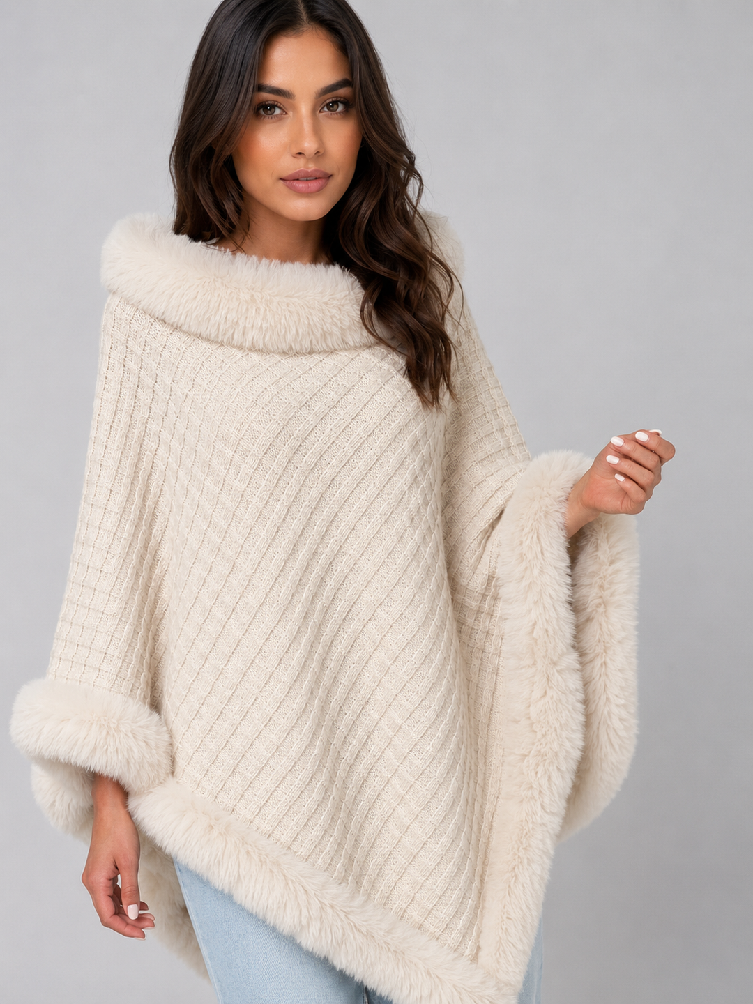 Letizia Monti | Women’s Knitted Cape Coat – Faux Fur Trim Poncho