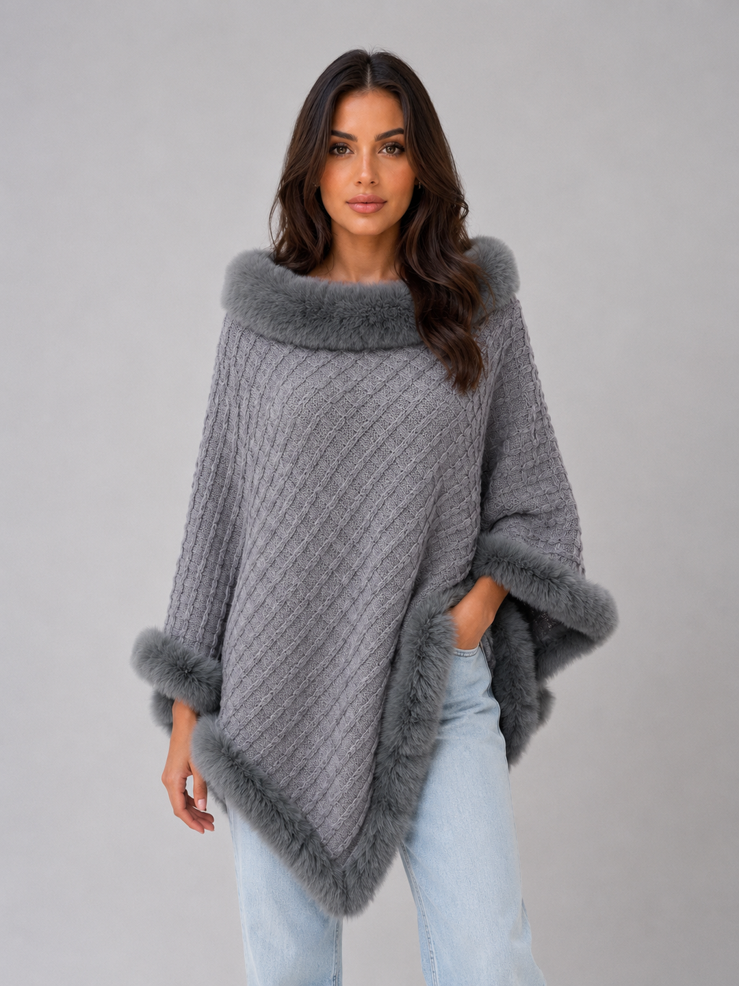 Letizia Monti | Women’s Knitted Cape Coat – Faux Fur Trim Poncho