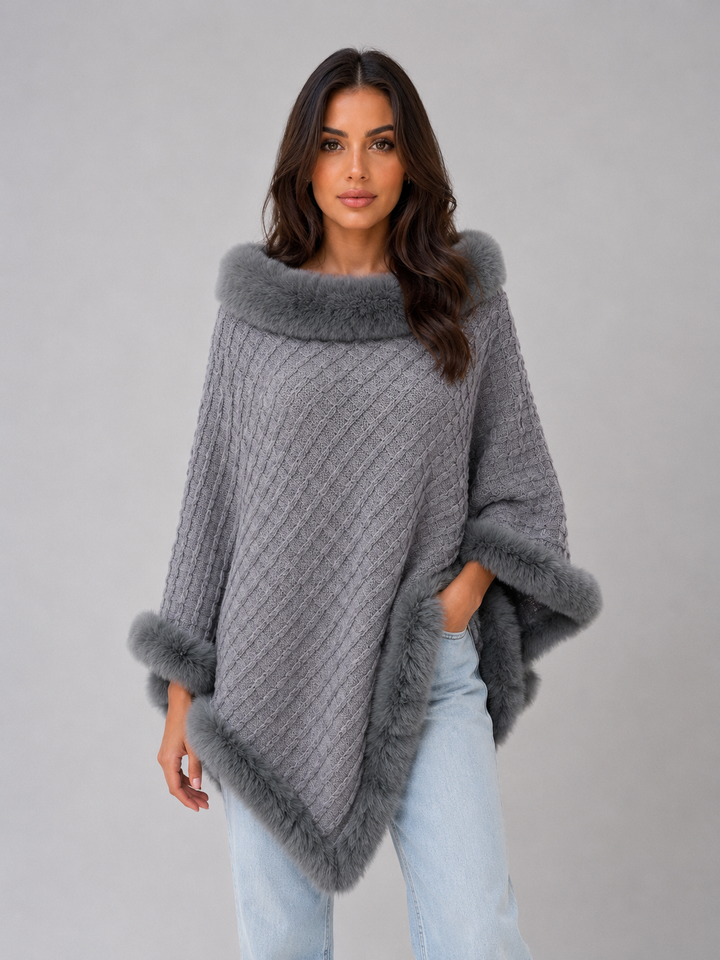 Letizia Monti | Women’s Knitted Cape Coat – Faux Fur Trim Poncho