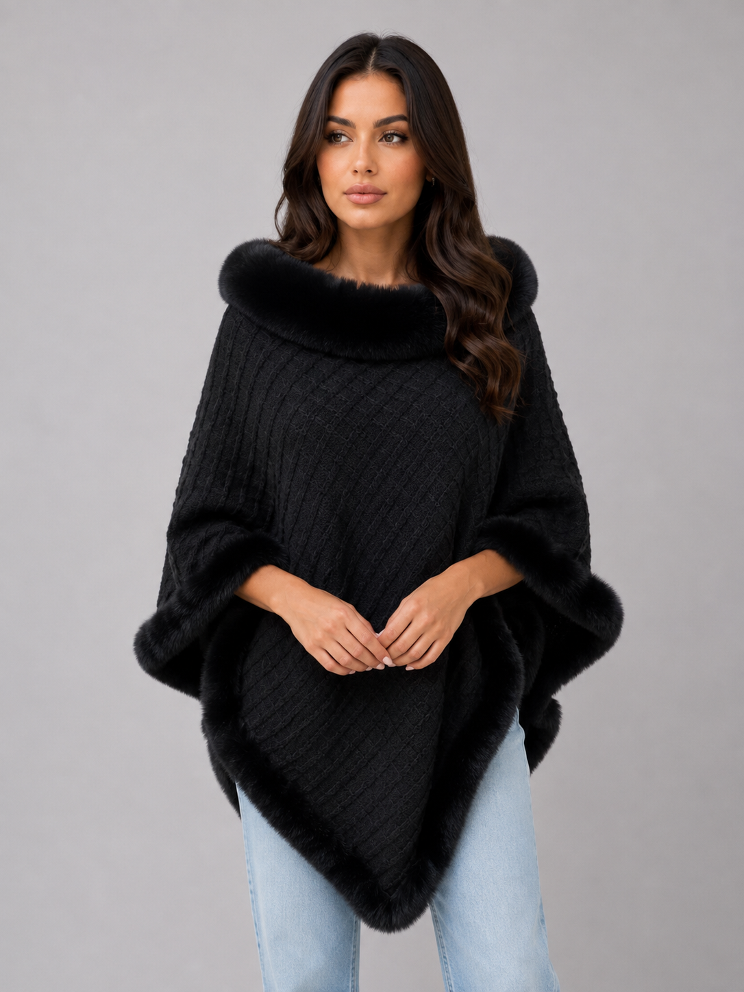 Letizia Monti | Women’s Knitted Cape Coat – Faux Fur Trim Poncho