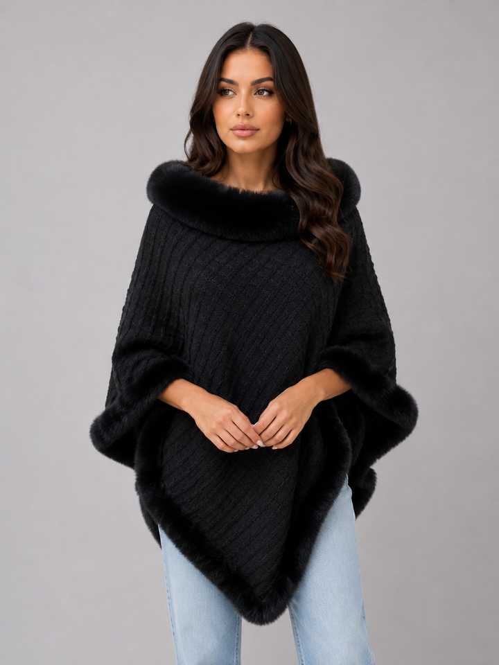 Letizia Monti | Women’s Knitted Cape Coat – Faux Fur Trim Poncho