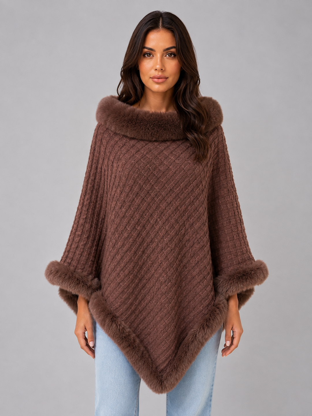 Letizia Monti | Women’s Knitted Cape Coat – Faux Fur Trim Poncho