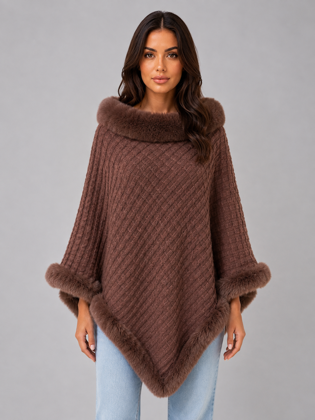 Letizia Monti | Women’s Knitted Cape Coat – Faux Fur Trim Poncho