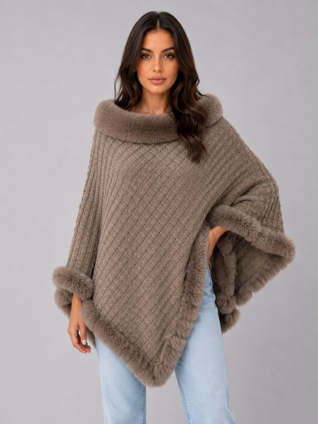 Letizia Monti | Women’s Knitted Cape Coat – Faux Fur Trim Poncho